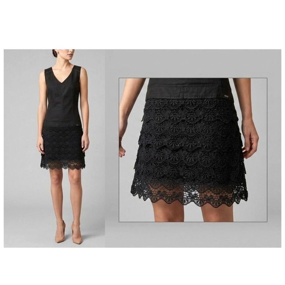 IKKS Paris Crochet Lace Drop Waist Dress Women FR Sz 36 Black Tencel Sleeveless